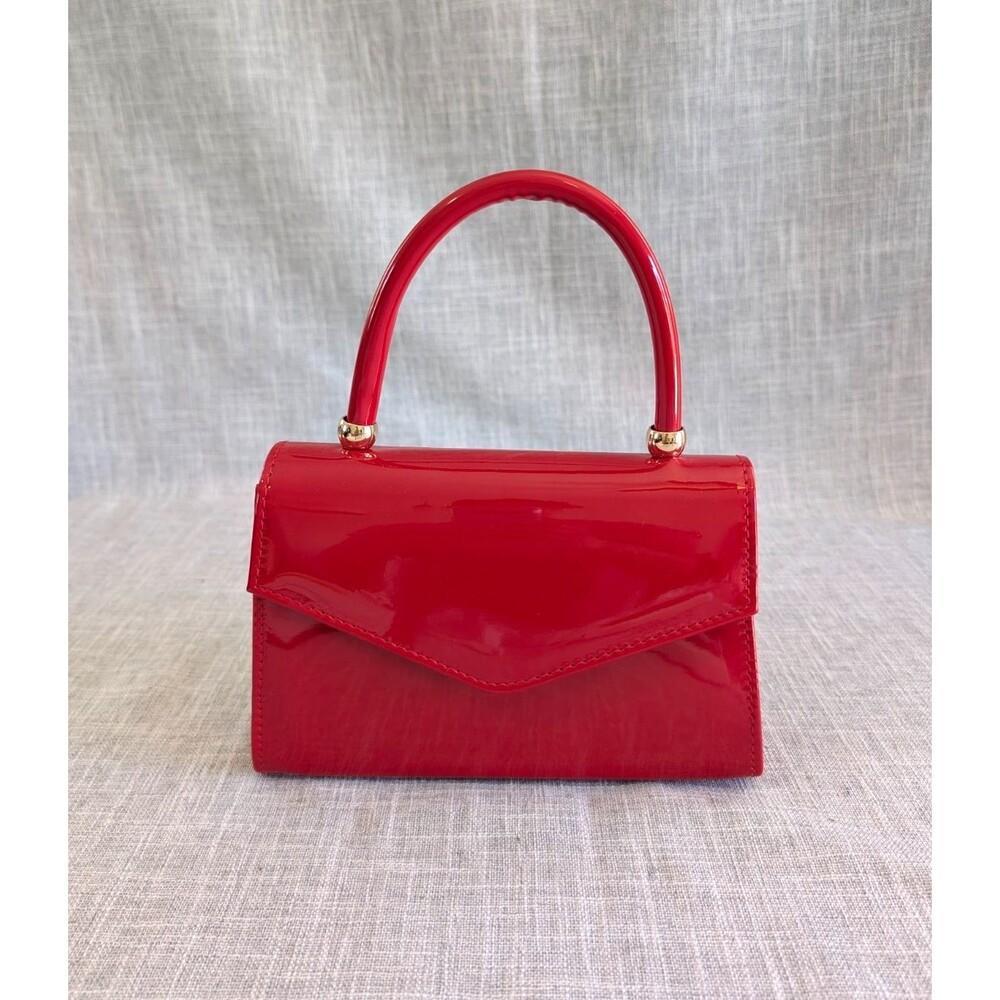 Red Patent Leather Handbag with Gold Crossbody Strap, Small Evening Bag 8x5x2.5